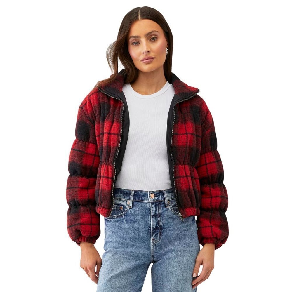 BB Dakota Everlong Plaid Puffer Jacket Red Black Womens Size XS